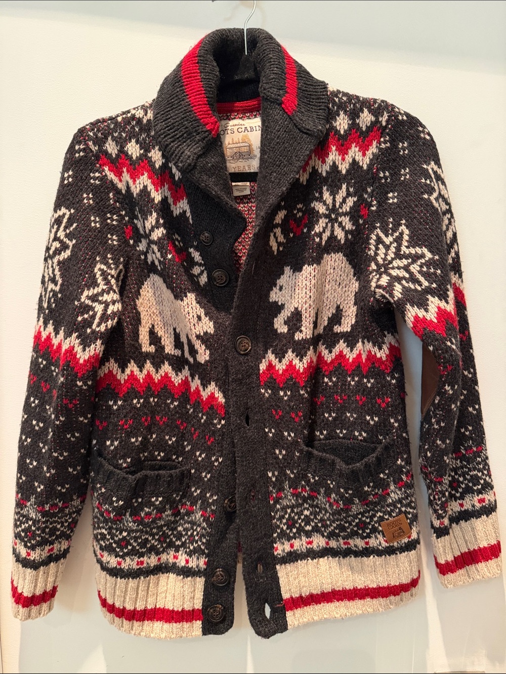 Roots Cabin Dark Gray Fair Isle Bear Shawl Collar Cardigan with Red & Cream